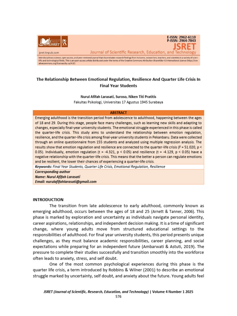 Emotional Regulation and Resilience in Quarter-Life Crisis | PDF ...