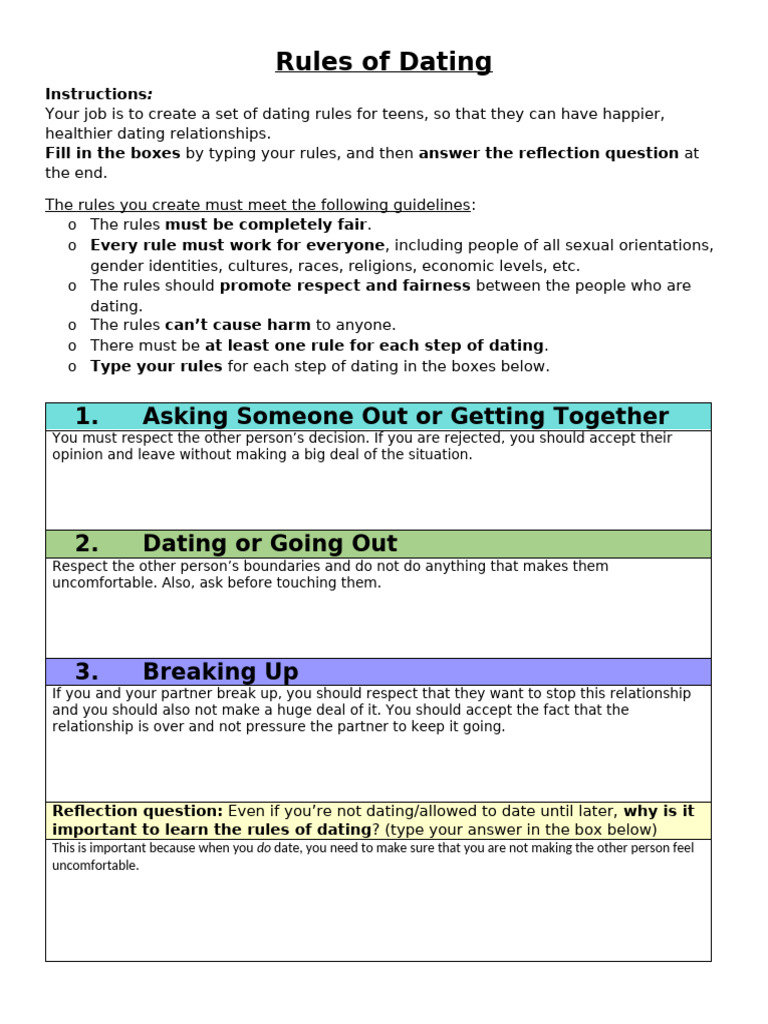 MS Rules of Dating Worksheet Adapted - 6 - 8 - 21 | PDF