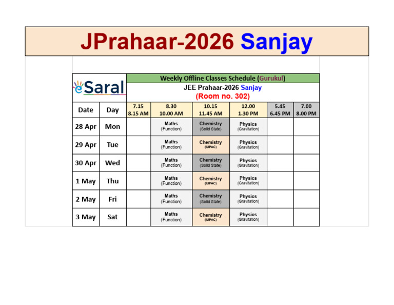JEE Prahaar-2026 Weekly Class Schedule | PDF