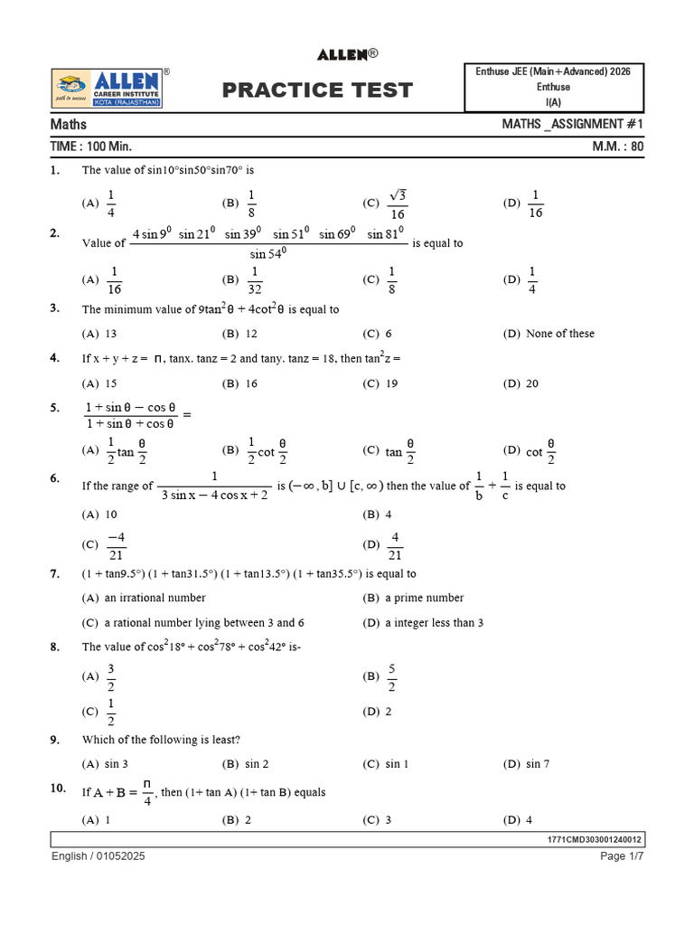 JEE Maths Assignment 2026 Practice Test | PDF | Numbers | Function ...