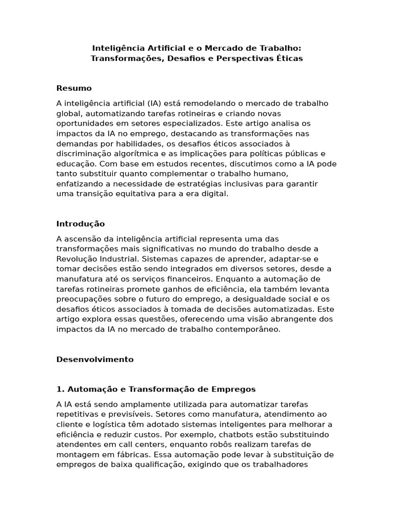 Impactos da IA no Mercado de Trabalho | PDF | Inteligência artificial ...