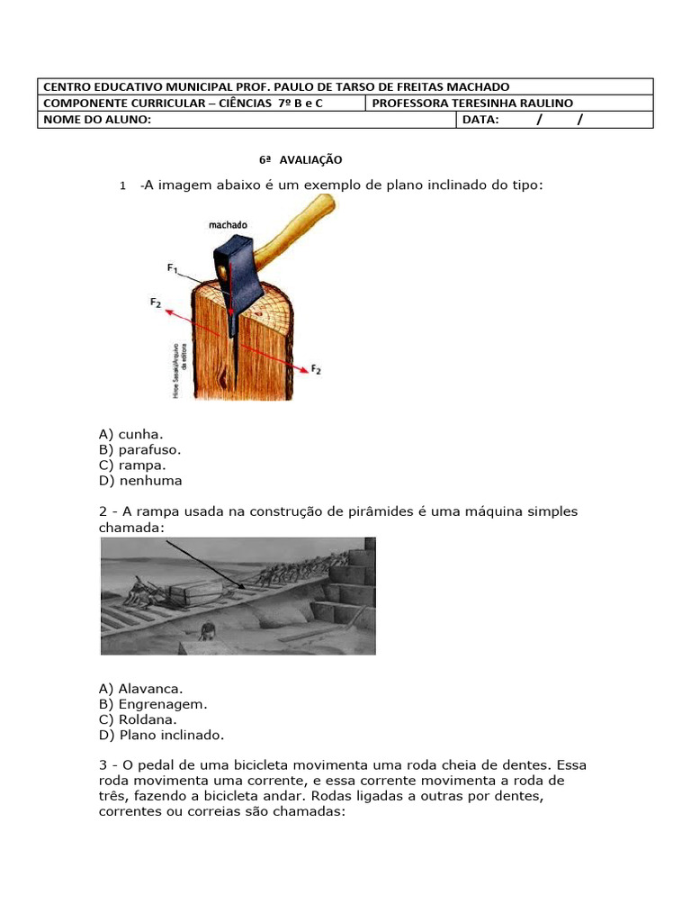Exercícios sobre Máquinas Simples 7º Ano | PDF | Engrenagem ...