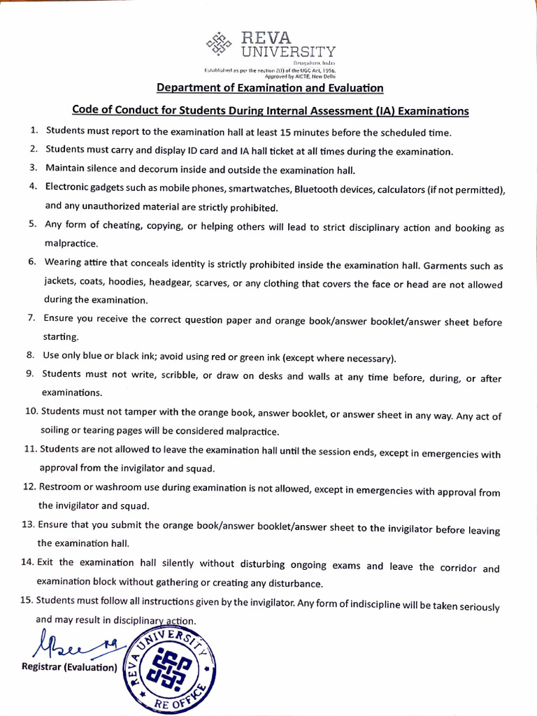 Code of Conduct For Students During Internal Assessment (IA ...