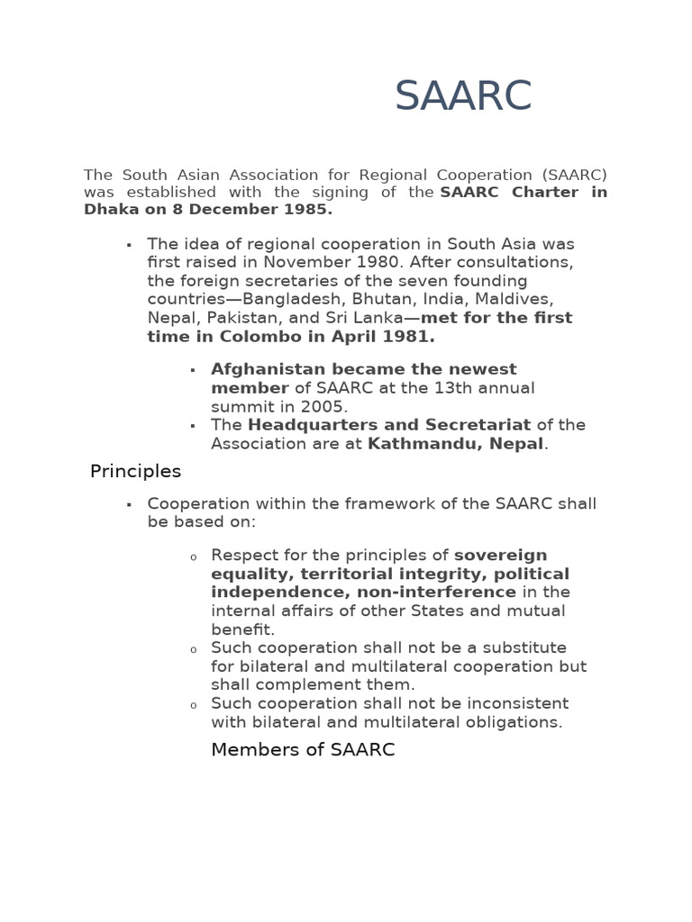 SAARC Principles and Cooperation Framework | PDF | International ...