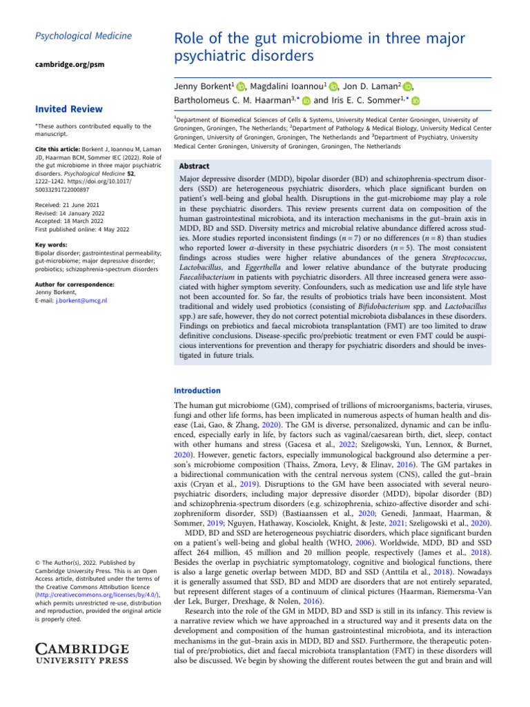 Role of The Gut Microbiome in Three Major Psychiatric Disorders | PDF ...