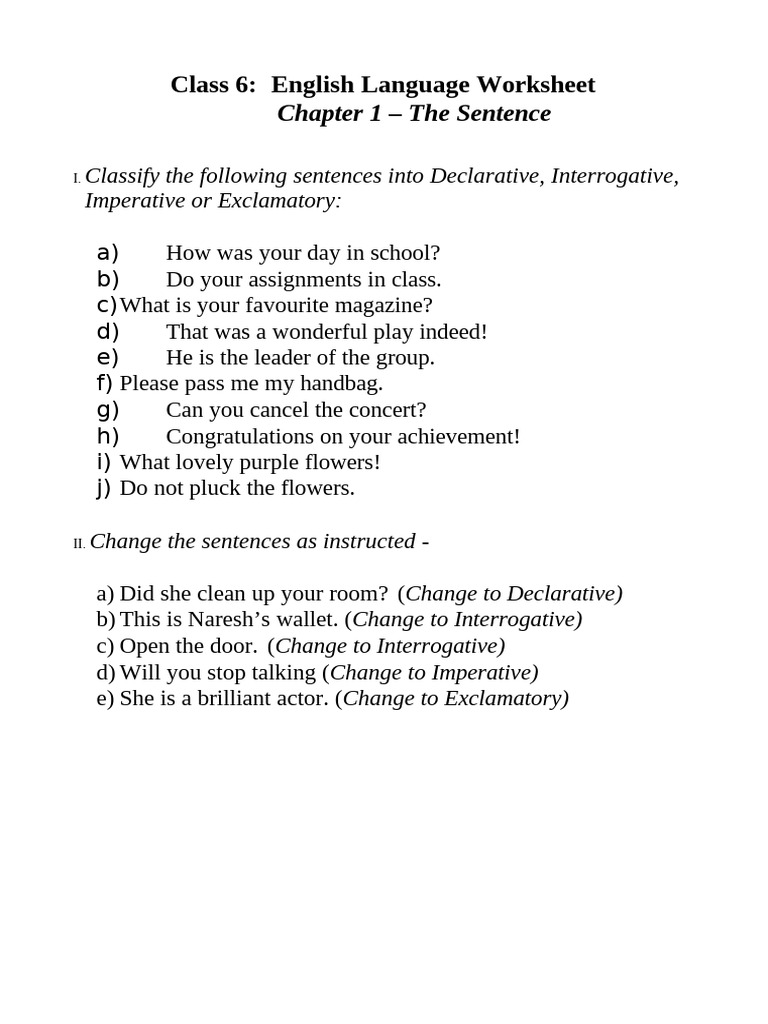Class 6 English: Types of Sentences Worksheet | PDF