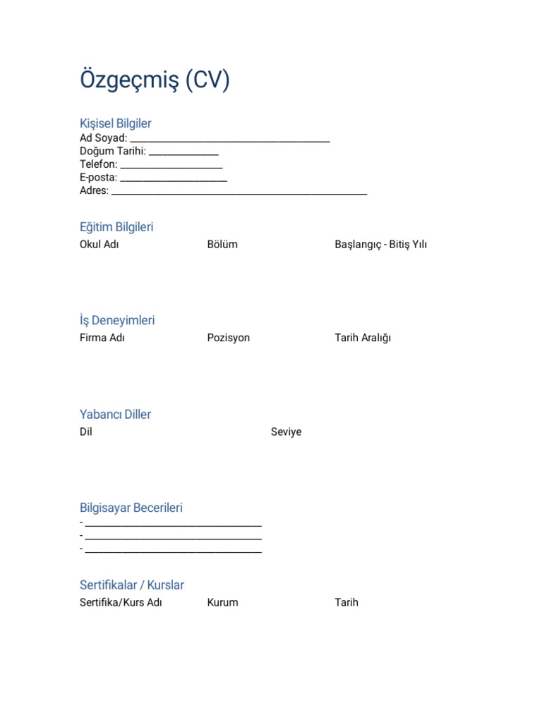 Boş CV Tablosu | PDF