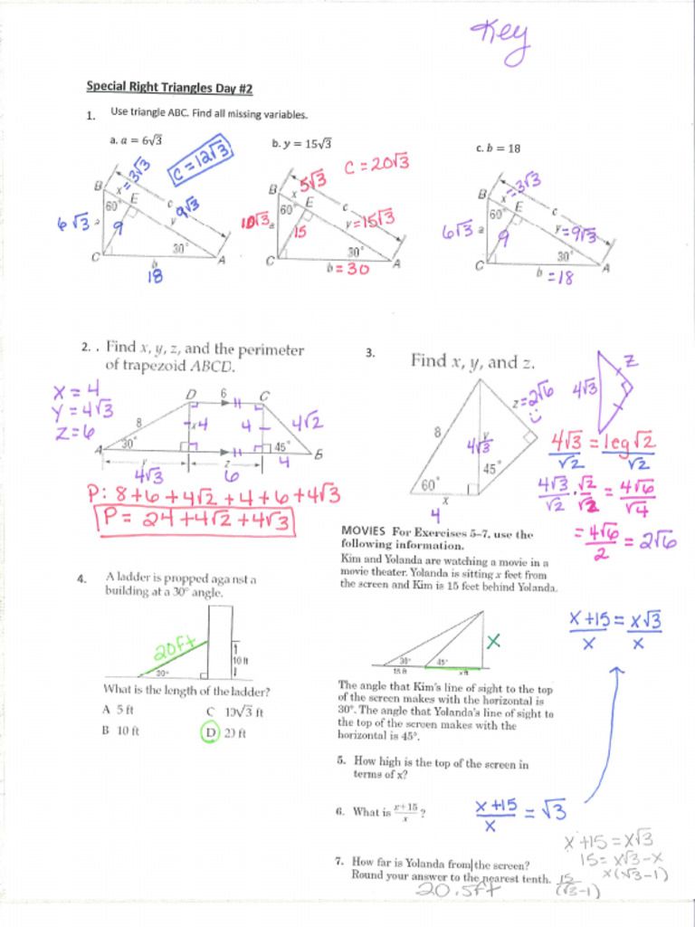 Special Right Triangles Day 2 Key | PDF