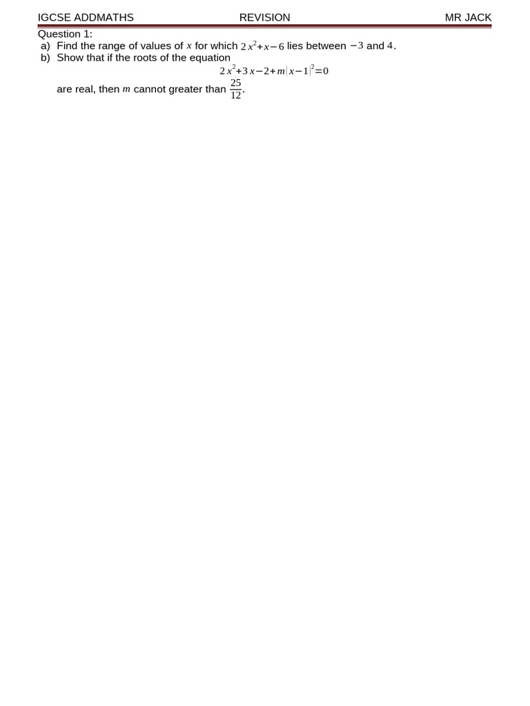 IGCSE Add Maths Revision Questions | PDF | Square Root | Equations