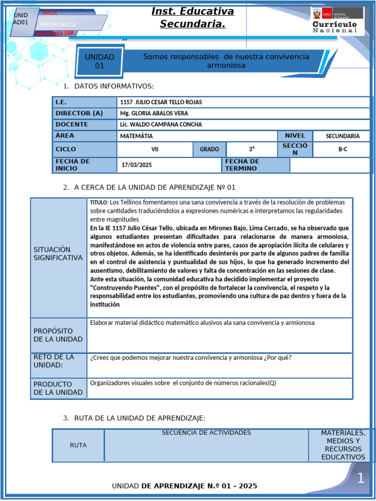 3º Unidad 1 Mat - 2025 | PDF | Aprendizaje | Datos