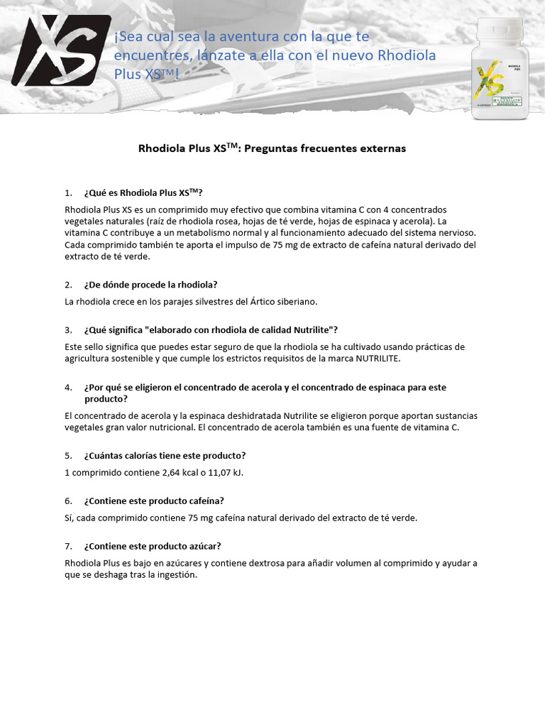 SP - XS Rhodiola Plus - External FAQ | PDF | Té | Cafeína