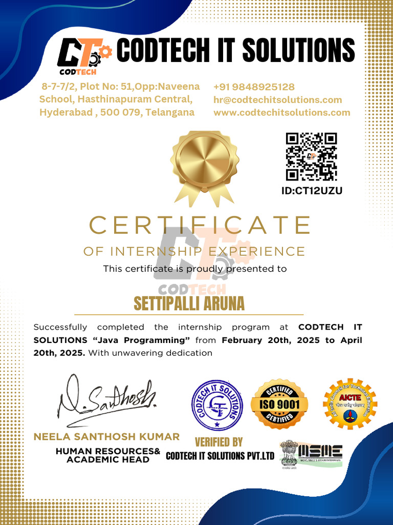 Internship Certificate from Codtech Hyderabad | PDF