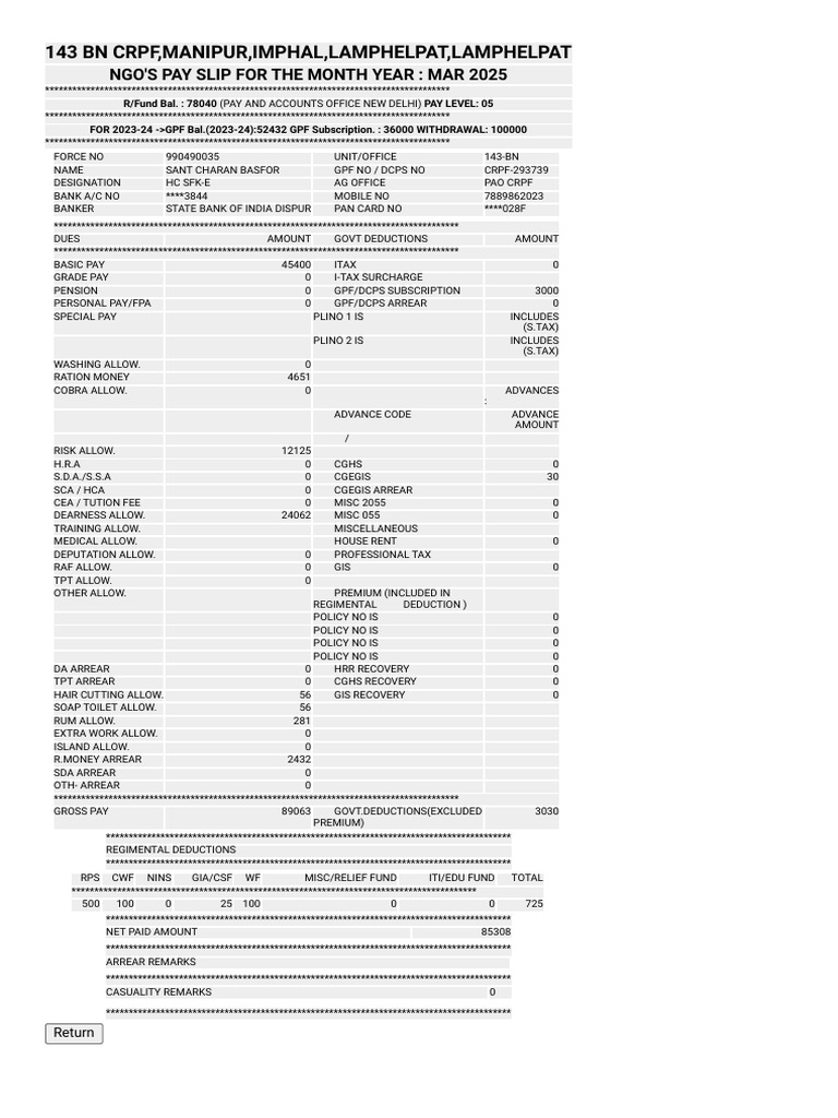 CRPF Pay Slip Overview for March 2025 | PDF | Taxes | Government Finances