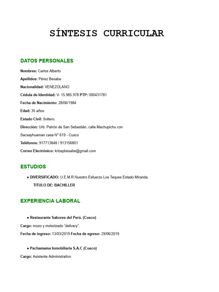 Currículum de Carlos Pérez Besabe | PDF
