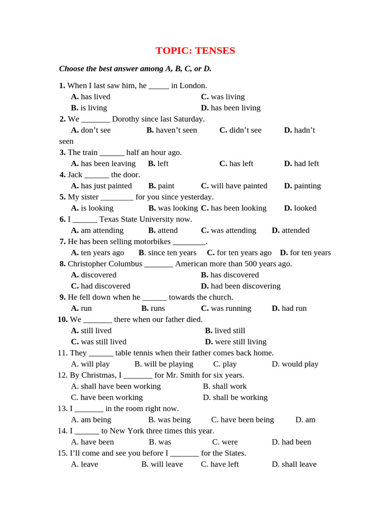 Tenses Practice Questions and Answers | PDF