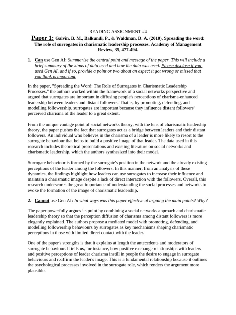 Reading Assignment #4 - Minh Do - 3764820 | PDF | Leadership | Theory