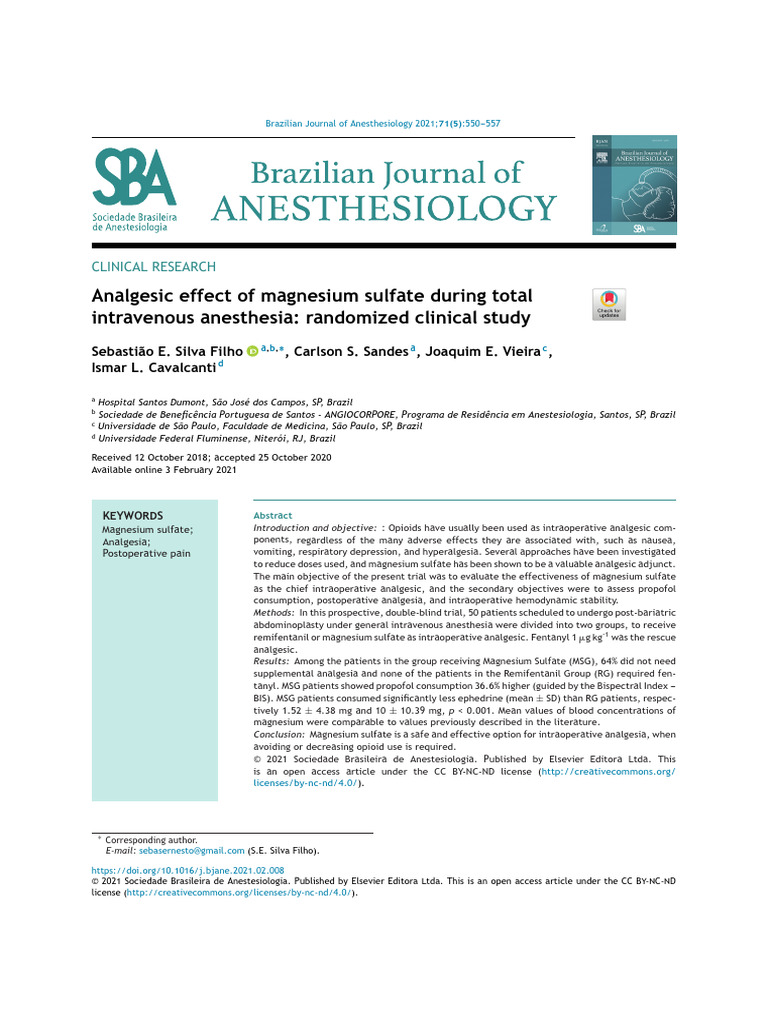 Magnesium Sulfate in Anesthesia | PDF | Analgesic | Anesthesia
