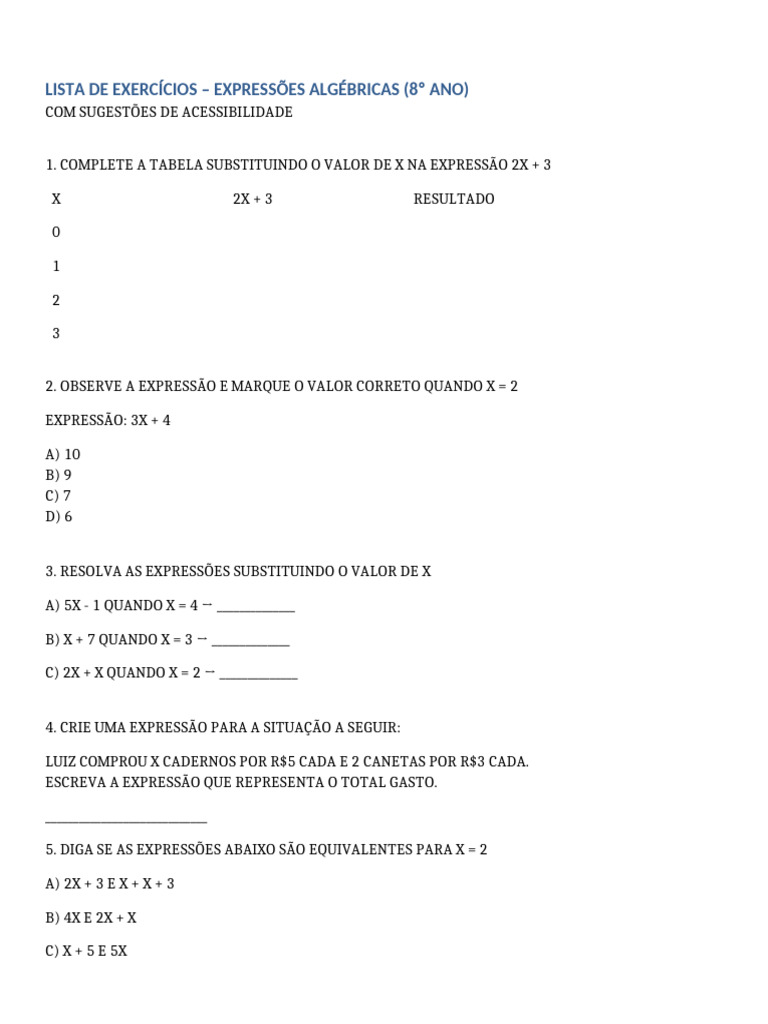 Exercícios de Expressões Algébricas 8º Ano | PDF