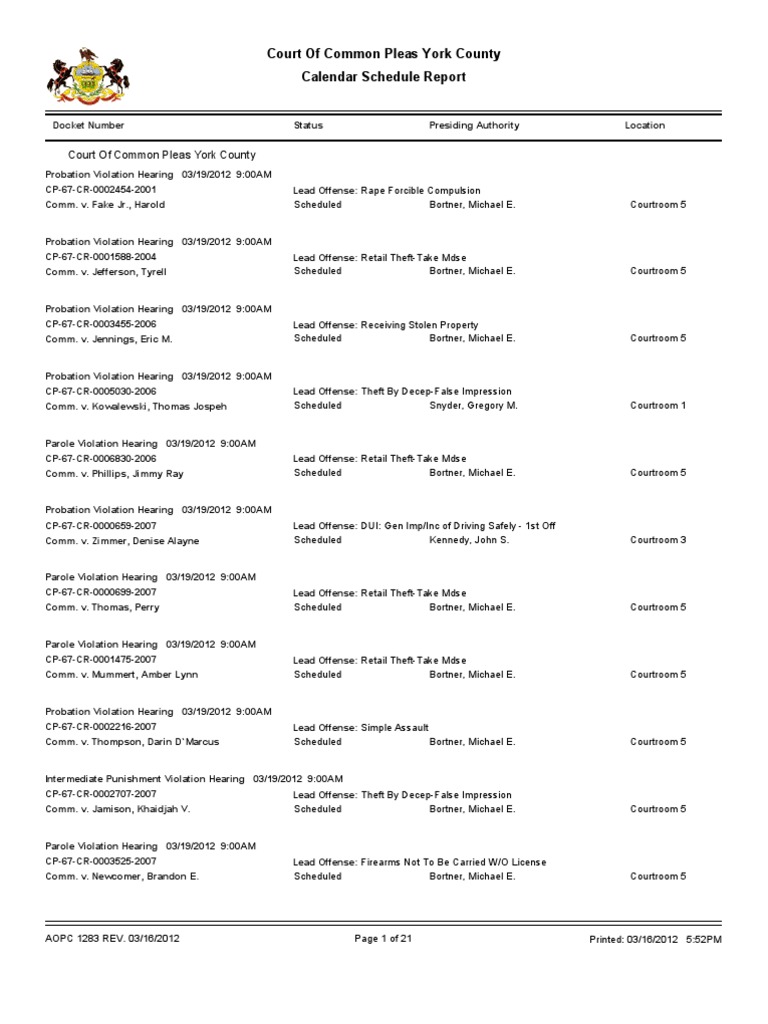 York County Court Schedule For March 19 | PDF | Probation | Driving Under  The Influence