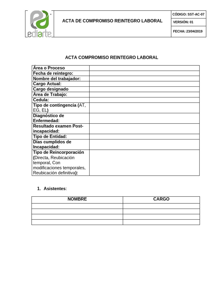 Acta de Reintegro Laboral EDIARTE S.A.S | PDF