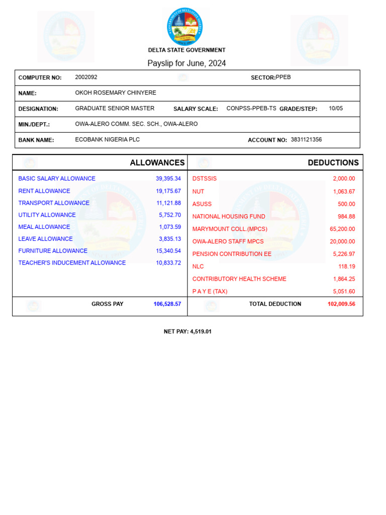 Payslip For June, 2024: Allowances Deductions | PDF