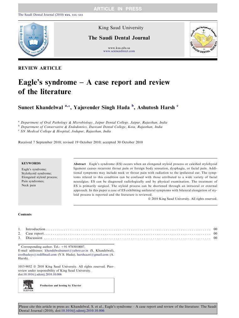 Eagle's Syndrome A Case Report and Review of The Literature PDF
