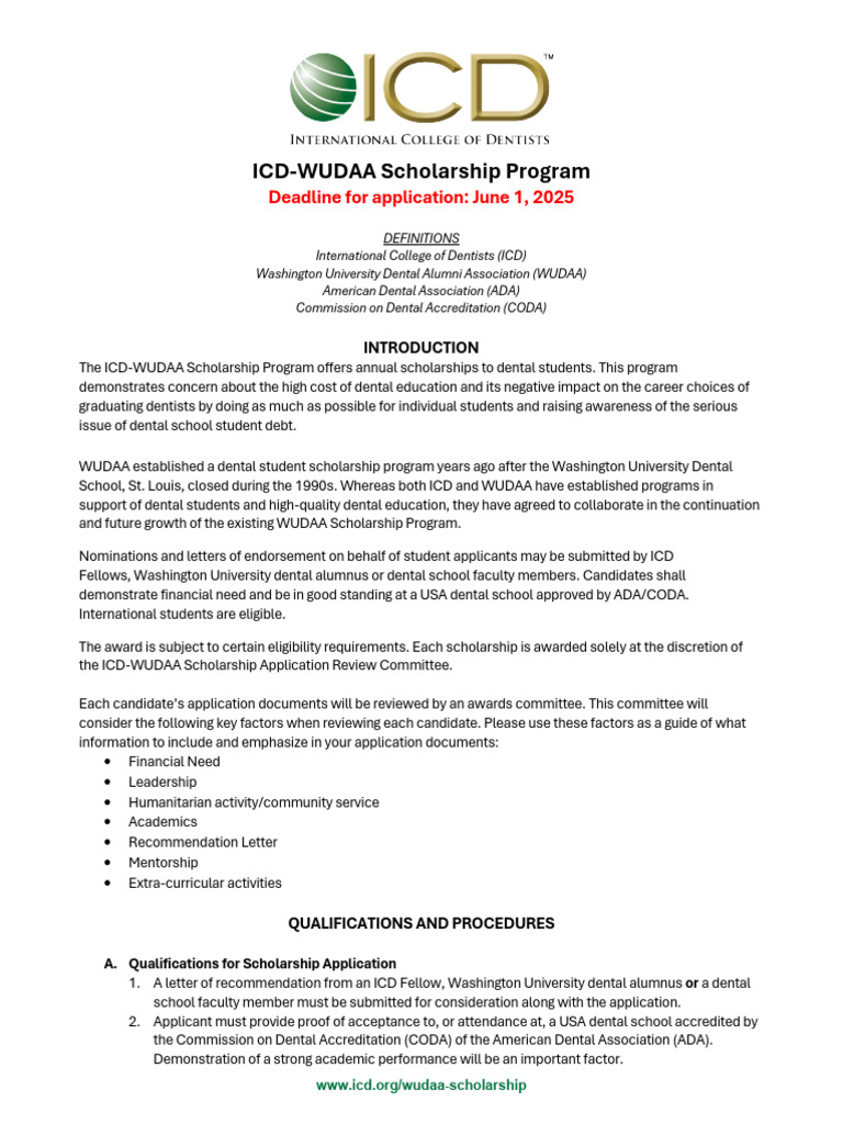 ICD WUDAA Scholarship Application | PDF | Dentistry | Washington ...