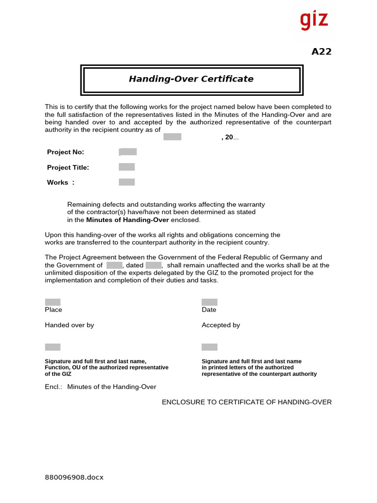 Handover Certificate for Construction Project | PDF
