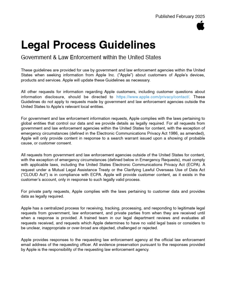 Apple Legal Process Guidelines USA | PDF | I Cloud | Apple Pay