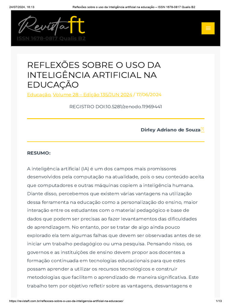 Reflexões Sobre o Uso Da Inteligência Artificial Na Educação | PDF ...