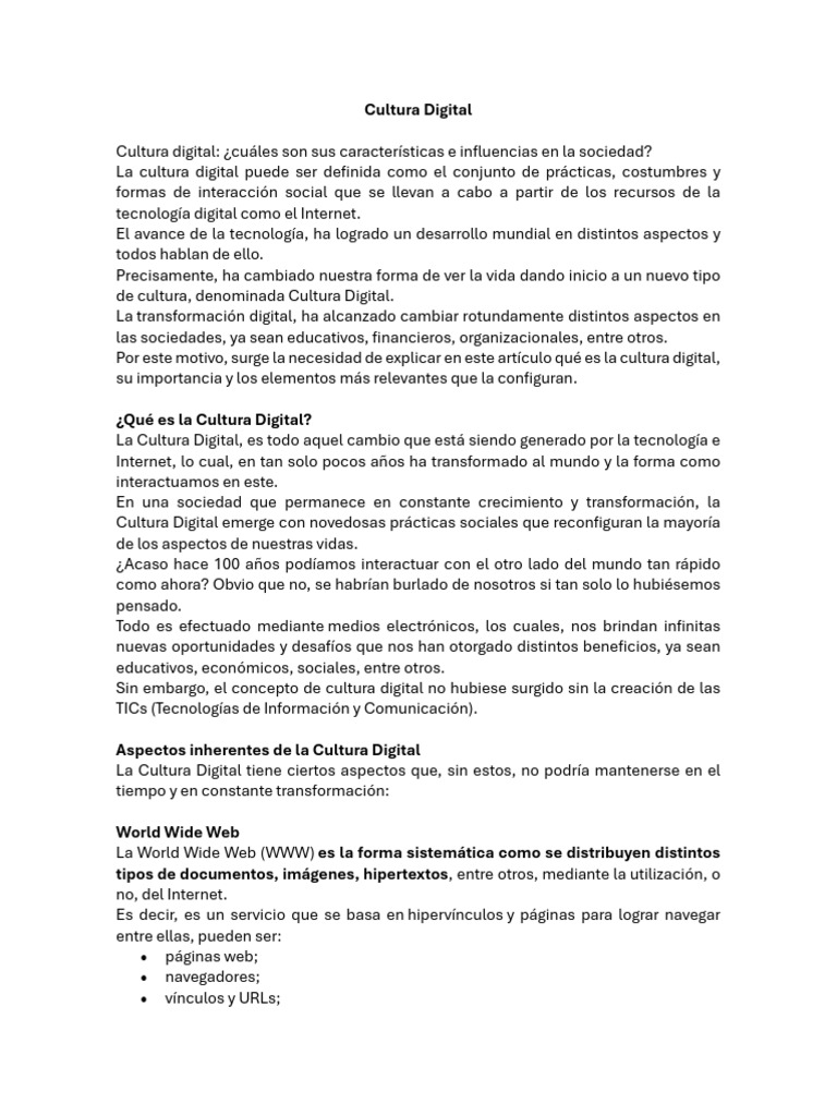 Características de la Cultura Digital | PDF | Red mundial | Internet y web