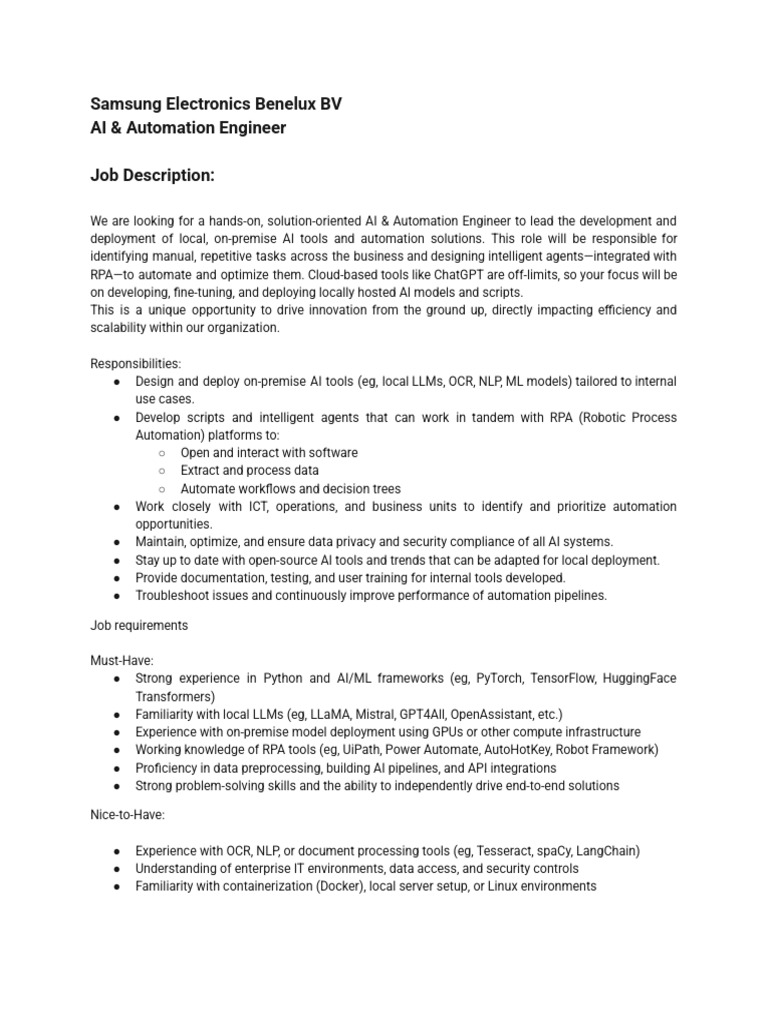 AI & Automation Engineer Role at Samsung | PDF | Artificial ...