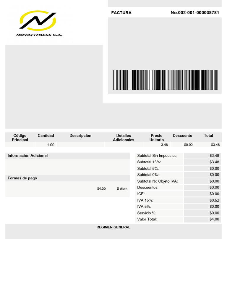 Factura NOVAFITNESS S.A. 002-001-000038781 | PDF | Factura | Economias