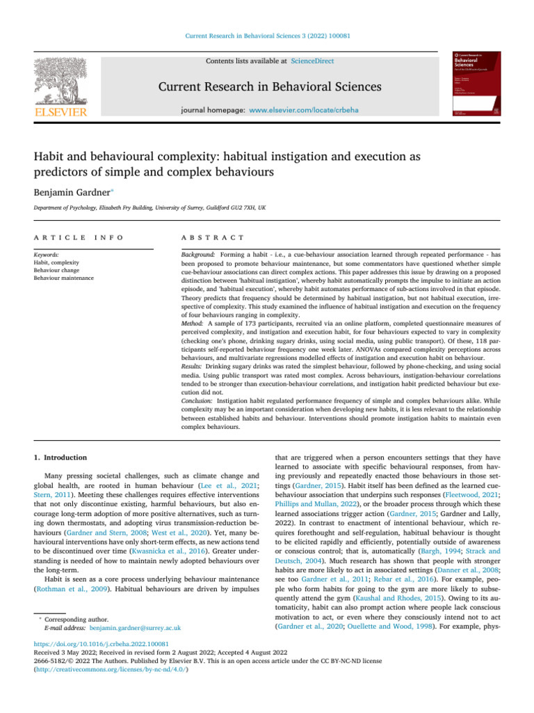 Habit and Behavioural Complexity Habitual Instigation and Execution As ...