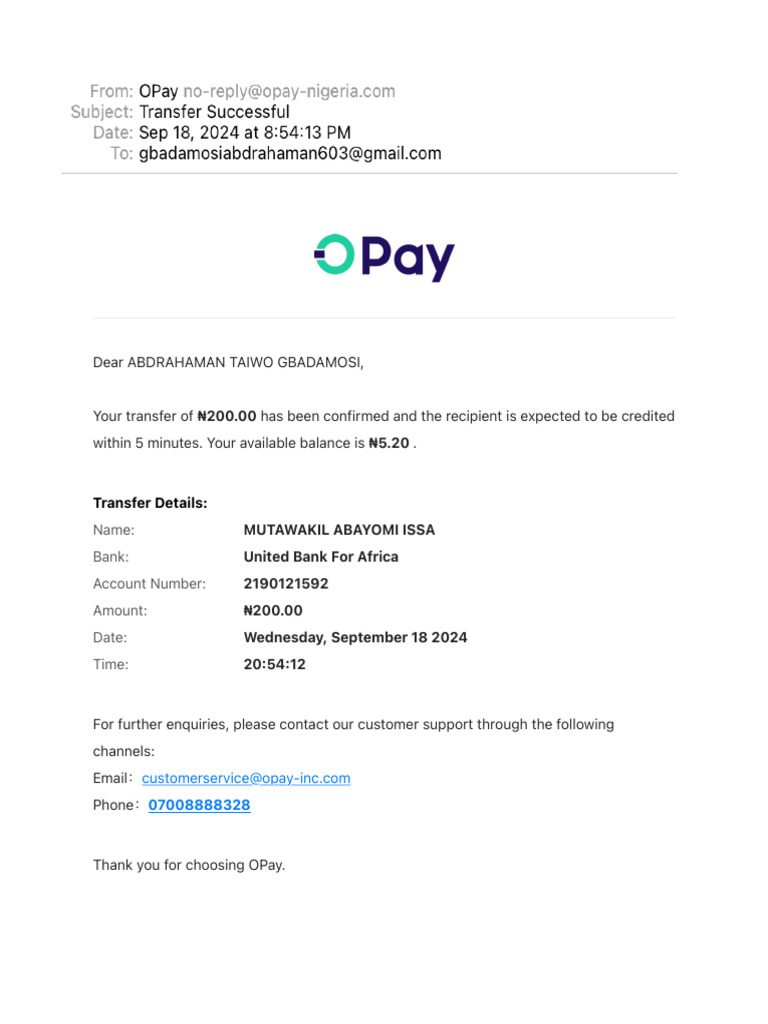 Transfer Confirmation: ₦200 to UBA | PDF
