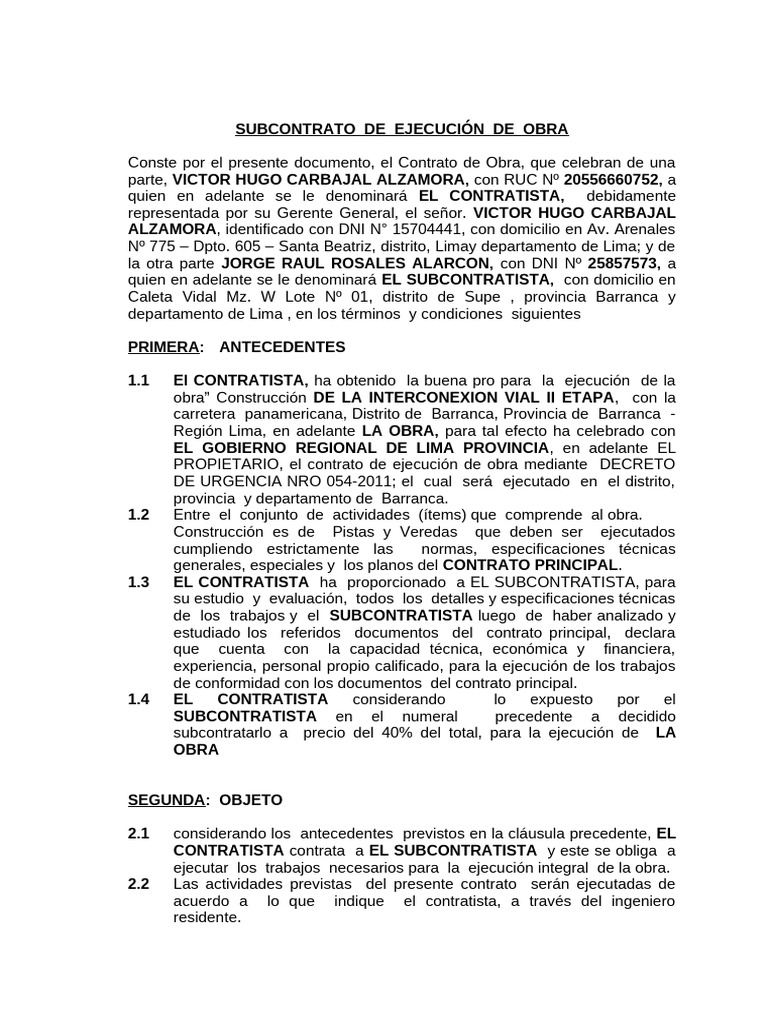 Subcontrato de Ejecución de Obra | PDF