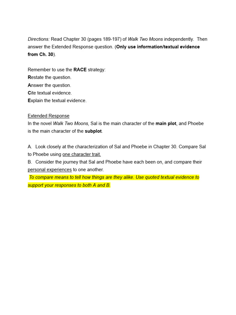 Walk Two Moons Extended Response Example | PDF