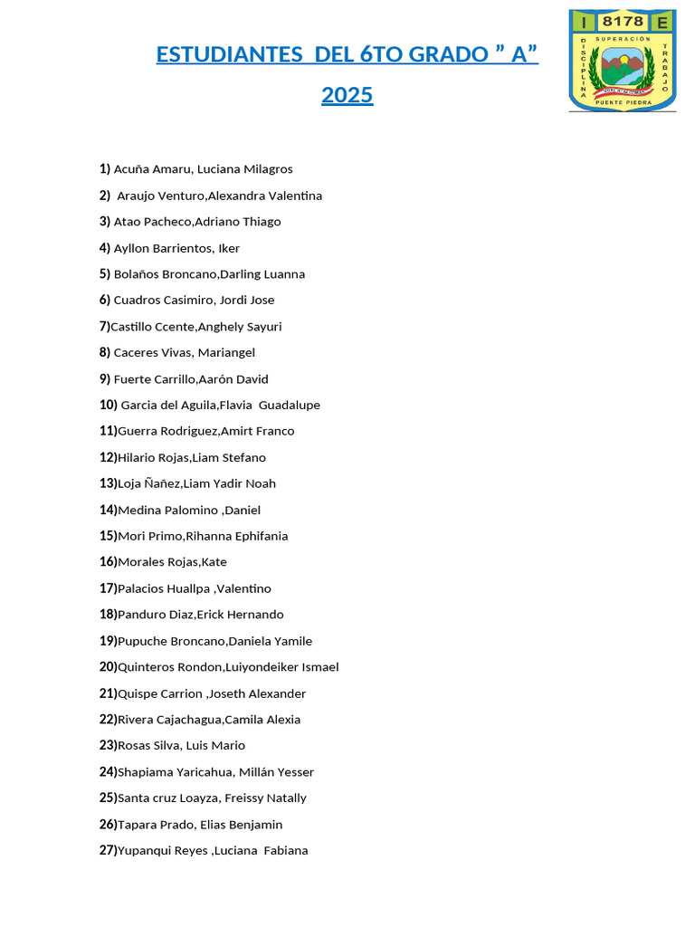 Lista de Estudiantes 6to Grado A 2025 | PDF