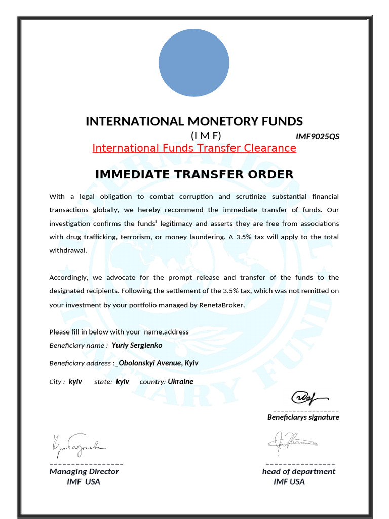 IMF Fund Transfer Order Certificate | PDF