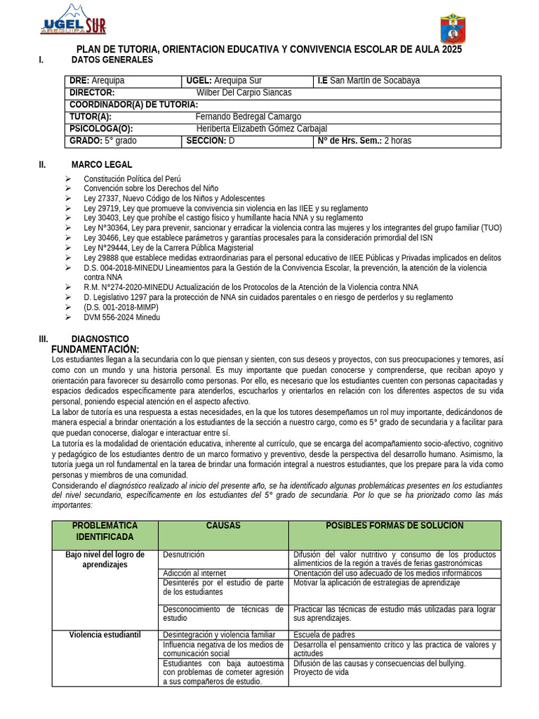 Plan de Tutoría 2025 para Aula Inicial | PDF | Salón de clases | Violencia