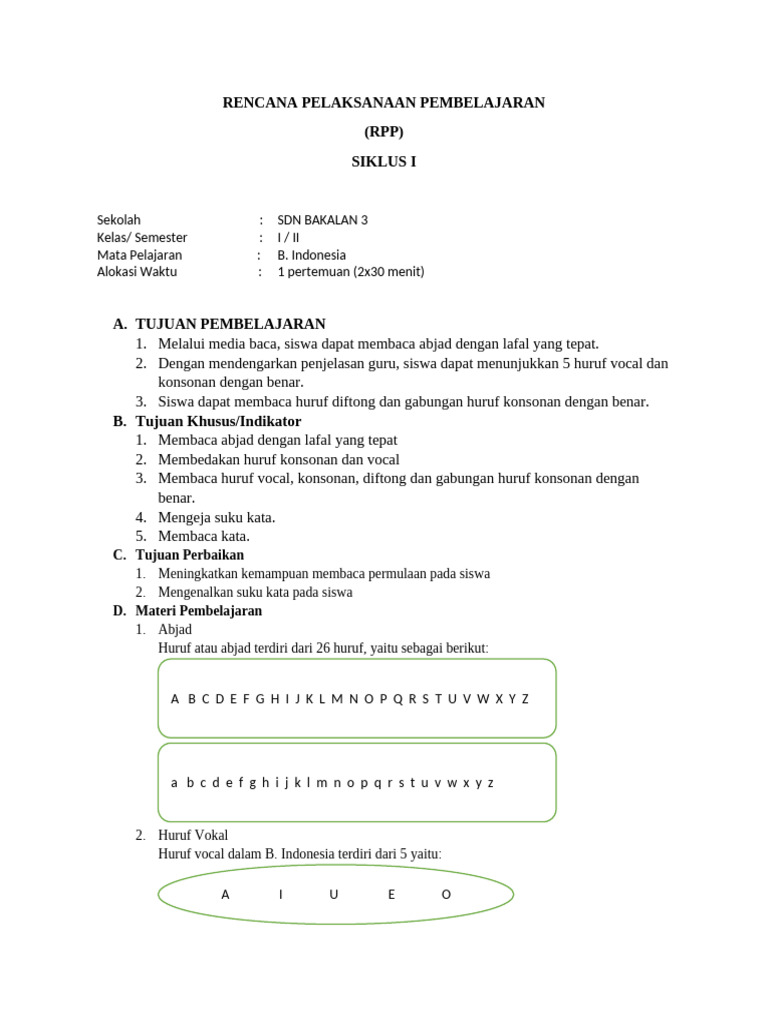 RPP Pembelajaran B. Indonesia Kelas I | PDF