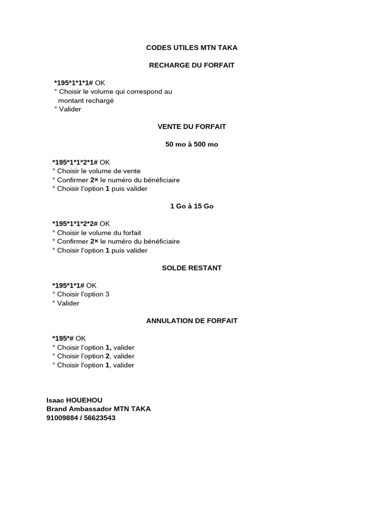 Codes Utiles MTN Taka et Forfaits | PDF