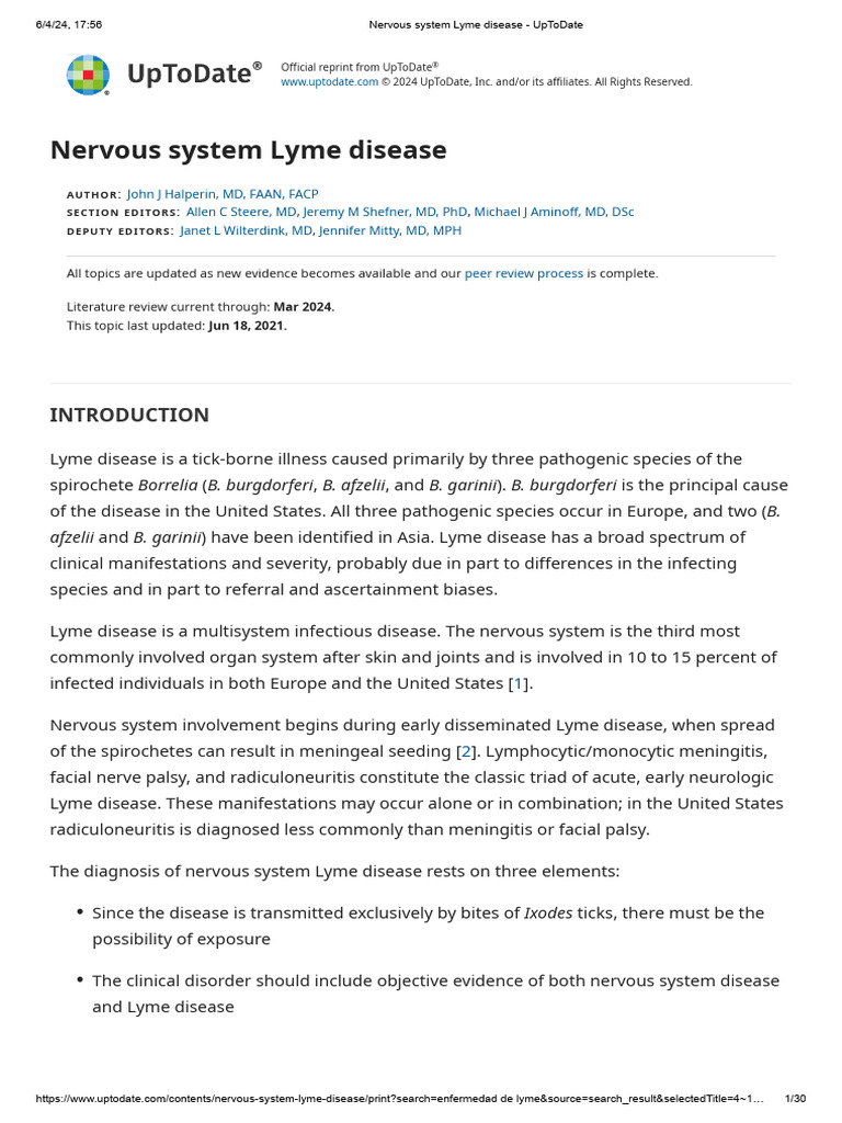 Nervous System Lyme Disease - UpToDate | PDF | Lyme Disease | Meningitis