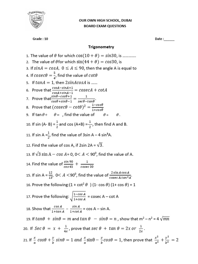 Class 10 Trigonometry Exam Questions | PDF | Elementary Mathematics ...