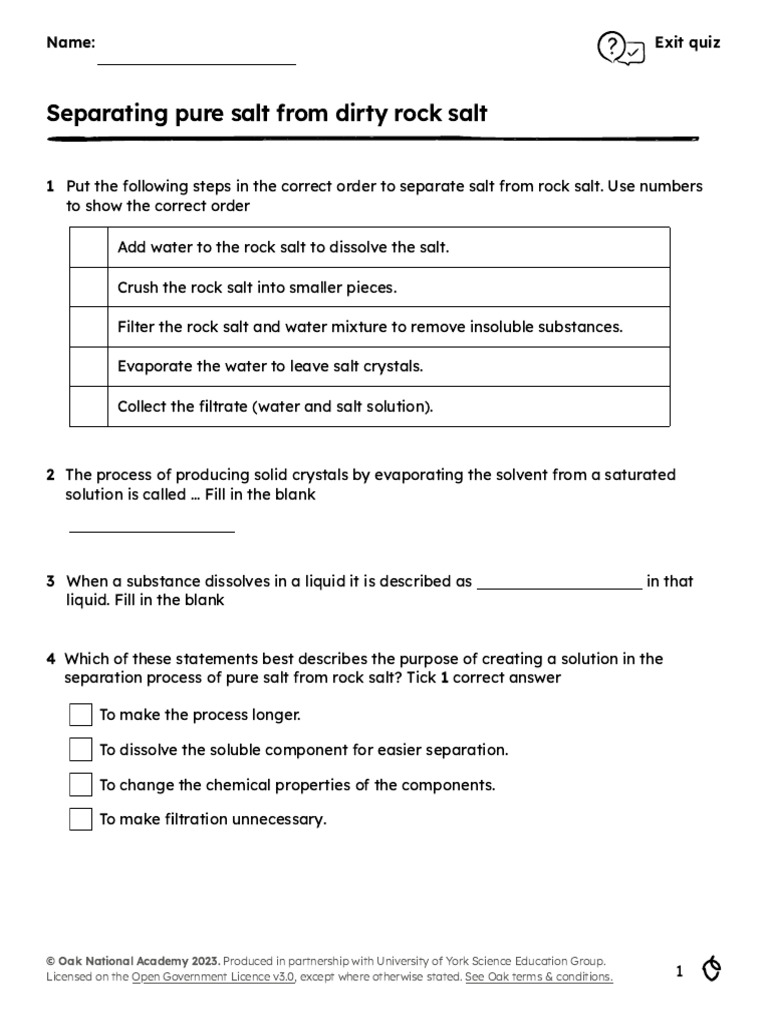 Exit Quiz: Separating Salt from Rock Salt | PDF