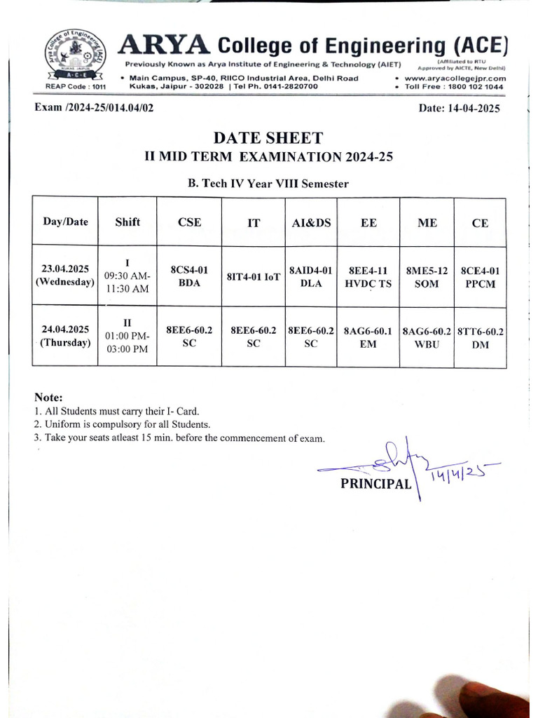 VIII SEM Second Mid Term Time Table | PDF
