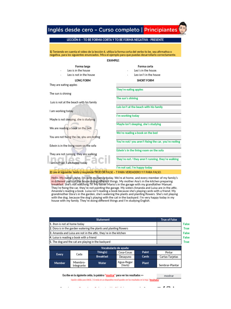 Lección 6 - To Be Forma Corta y To Be Forma Negativa Presente-1 | PDF ...