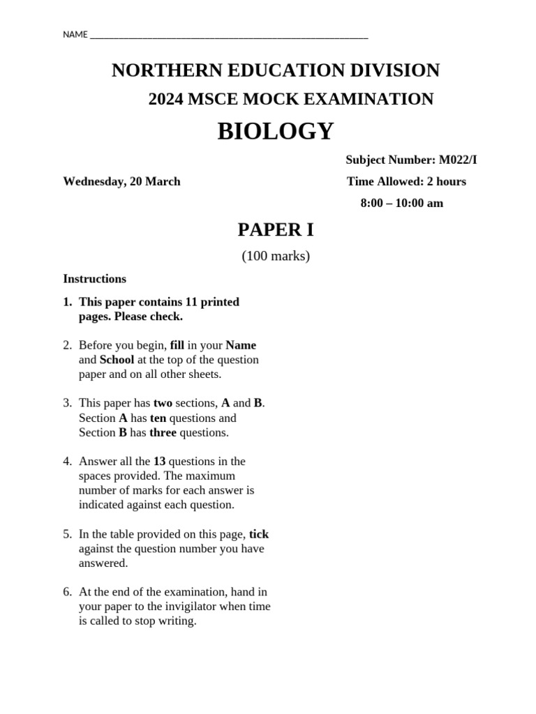 2024 MSCE Biology Mock Exam Paper | PDF | Biology