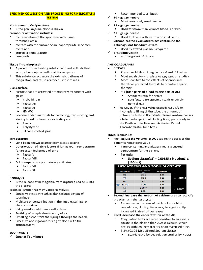 Hemostasis Testing: Specimen Guidelines | PDF | Coagulation | Hemostasis