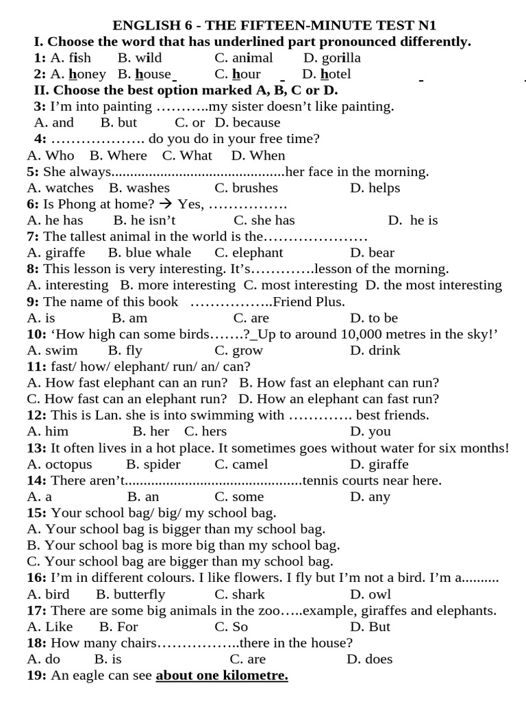 English Test Practice for Grade 6 | PDF | Zoology